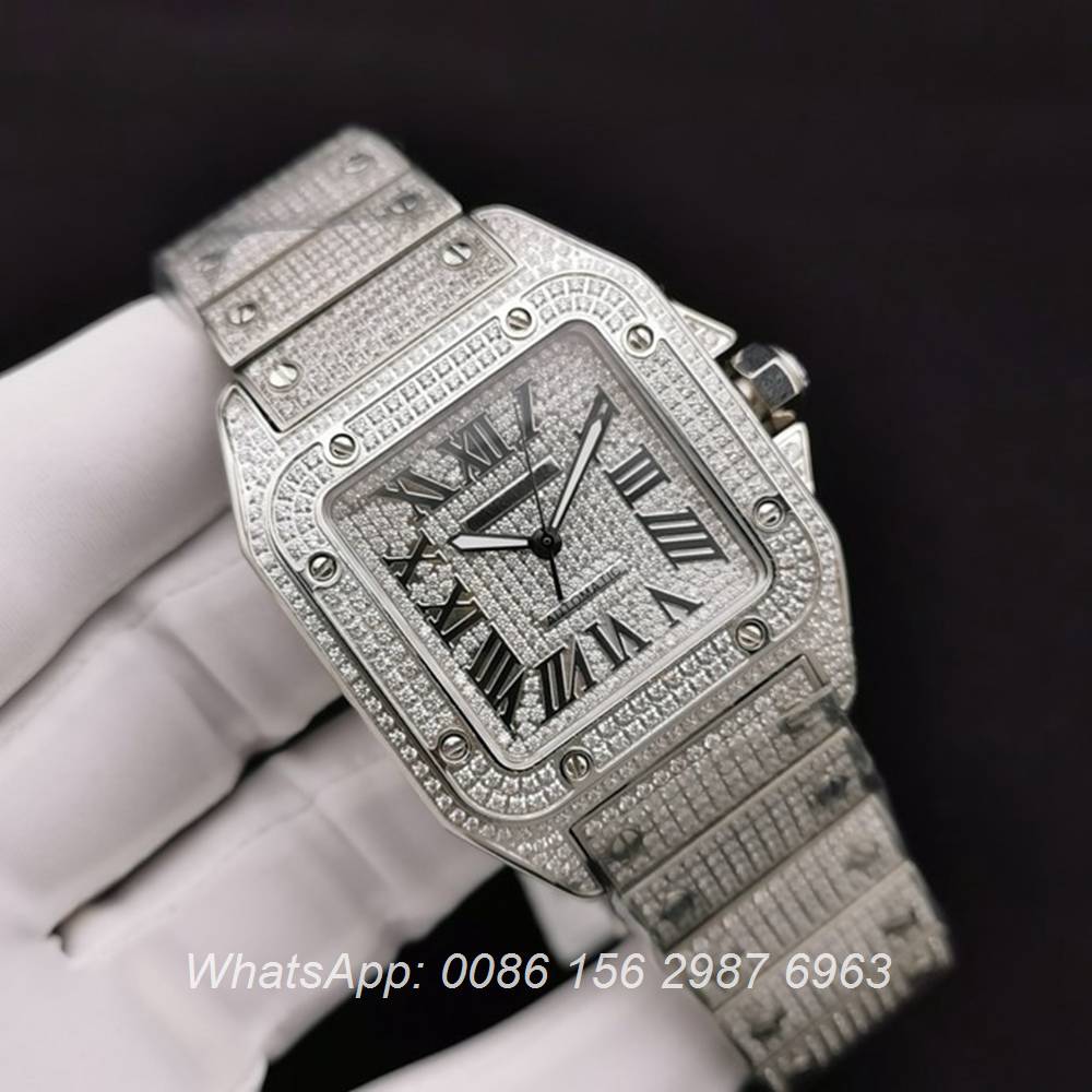 C285SF283, Cartier santos iced silver bling diamonds face 40mm ...
