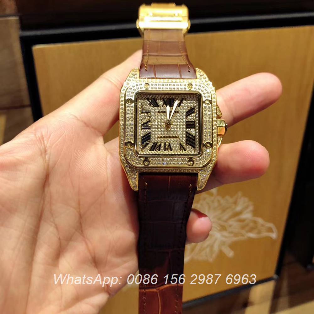 C105XD326, Cartier Santos diamonds face gold case men's watch automatic ...