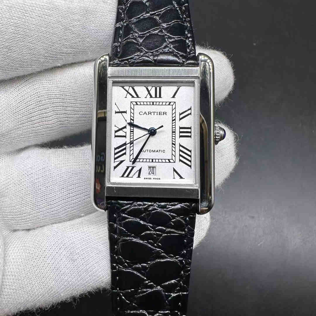 Cartier Tank AAA automatic silver case 32mm white dial black leather ...