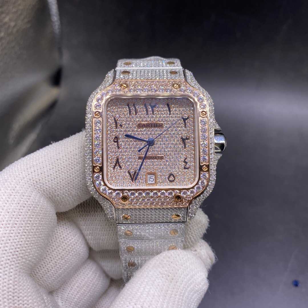 Cartier Santos bustdown diamonds TW factory automatic Rose gold 2tone Swarovski diamonds Arabic numbers 38.5mm F00