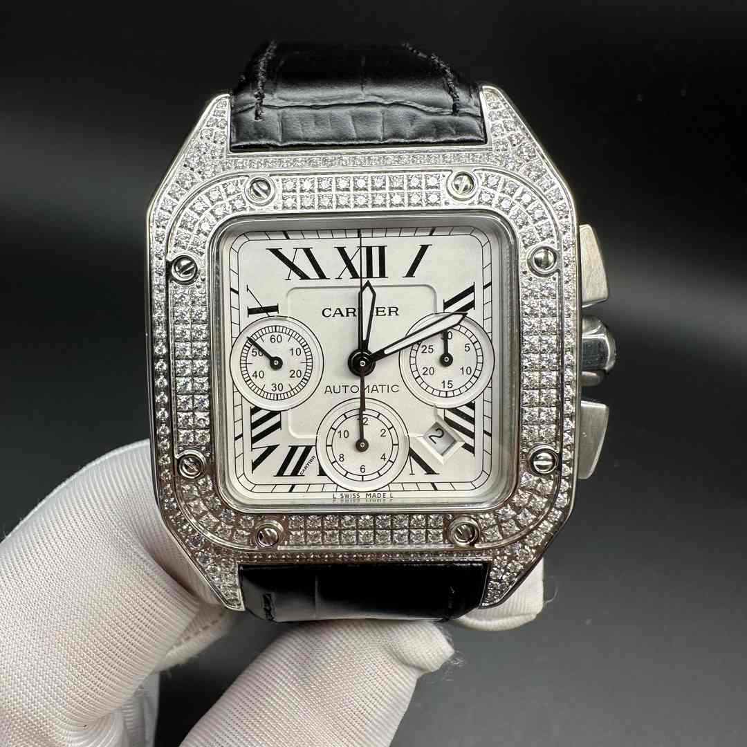 Cartier Santos Chronograph 7750 automatic movement Diamonds silver case white dial black leather strap men stopwatch. C85